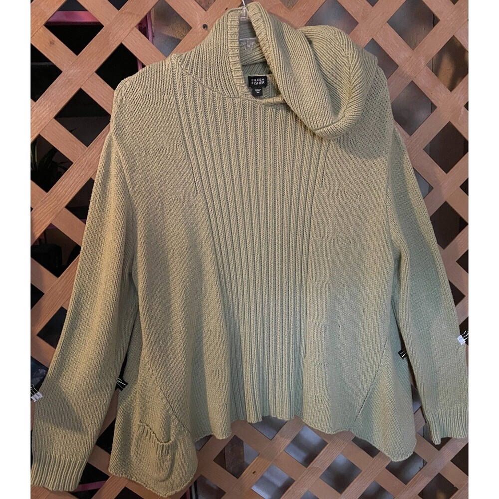 EILEEN FISHER Green Silk Blend Cable Knit Hooded Pull-over Slouchy Sweater XL